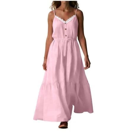 Miluxas Women's Lace Trim V-Neck Sleeveless Ruffle Maxi Dress