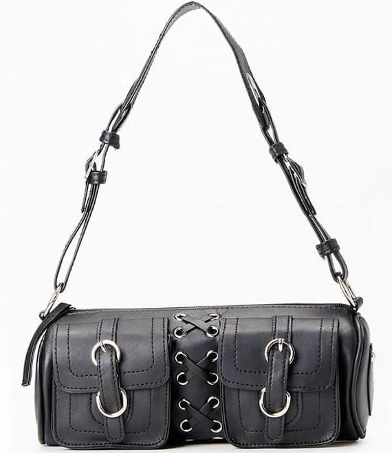 Faux Leather Lace Up Structured Shoulder Bag