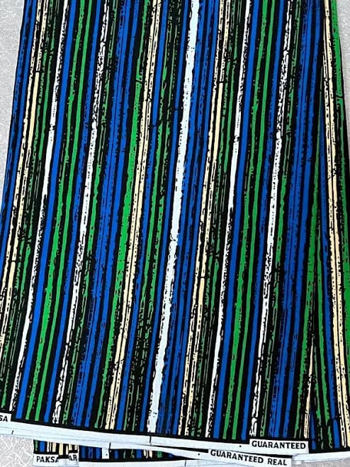 Striped African Wax Print Cotton Fabric - Blue, Green, Yellow - Sold By The Yard