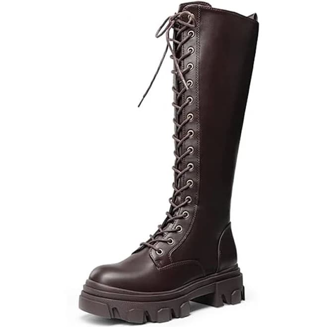 Women Sz 6.5 Lace Up Chunky Platform Side Zipper Combat Boots Knee