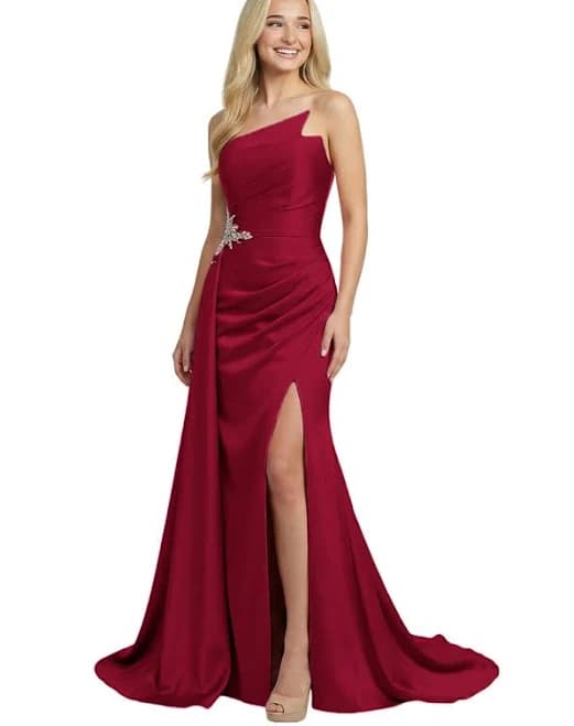 Chicsew Women's Strapless Ruched Satin Formal Dress with Side Split