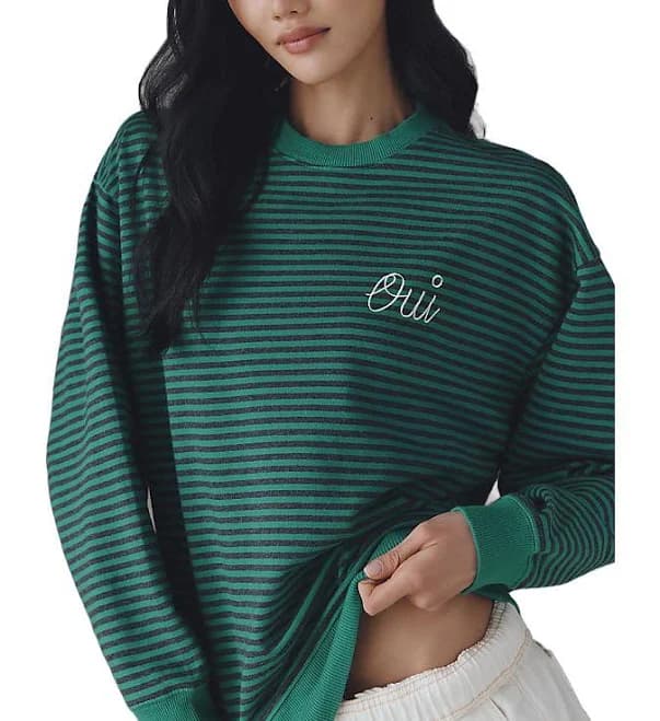 Clare V. Oui Oversized Pullover Women Sweater - Green Charcoal Stripe