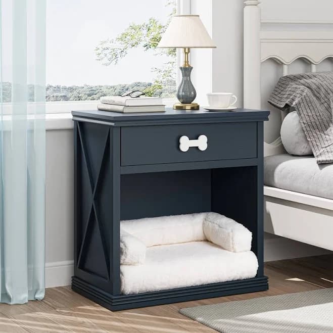 Siljoy - Vintage Pet Storage Cabinet with LED Light, Hidden Cat Litter Box, Drawer & Semi‐Open Bed Space - Blue
