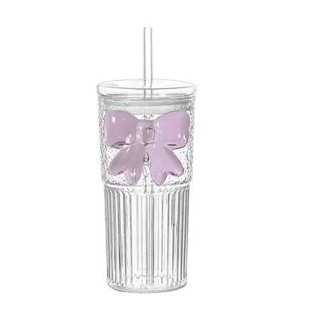 Geerera Glass Tumbler with Lid & Straw, 20 oz High Borosilicate Iced Coffee Cup with Pink Bow, Clear Drinking Glass for Smoothie, Bubble Tea, Hot or