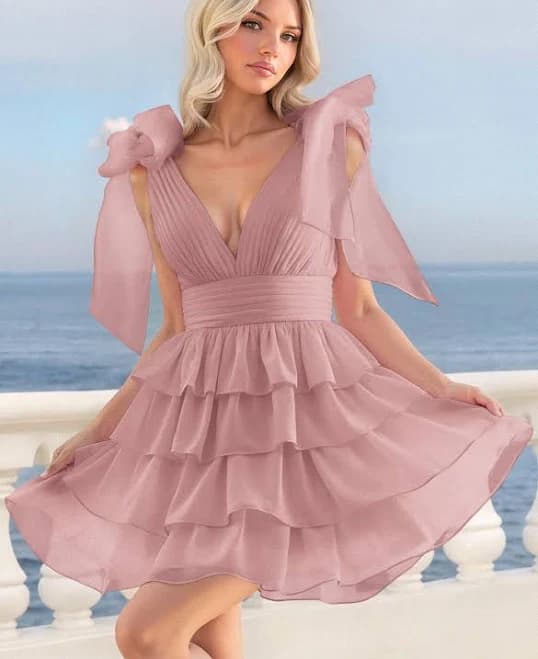 Missacc A-Line Plunge Neck Sleeveless Tiered Chiffon Homecoming Dress with Bow