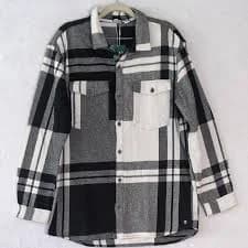 ROXY Women's Black & White Plaid Flannel Oversized Button Down Shirt Size M