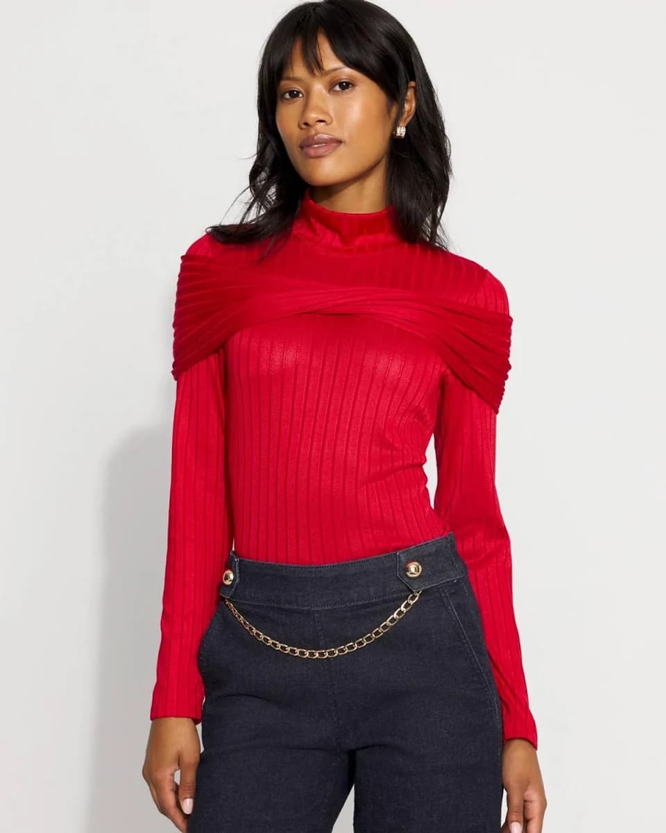 White House Black Market Petite Convertible Mockneck Ribbed Knit Top