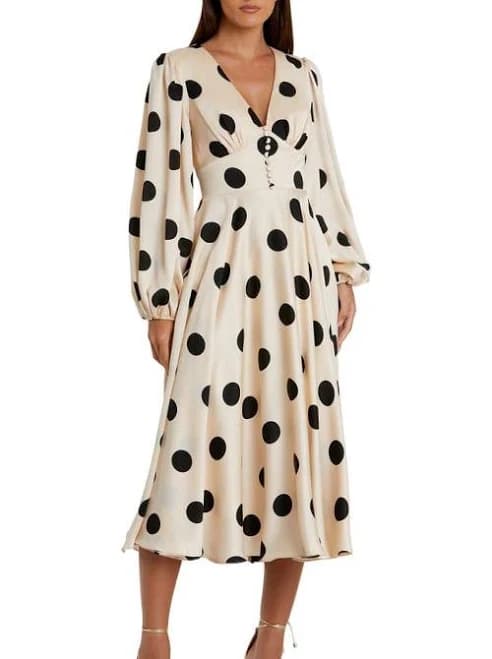 Ieena for Mac Duggal Polka Dot Charmeuse A-Line Midi Dress