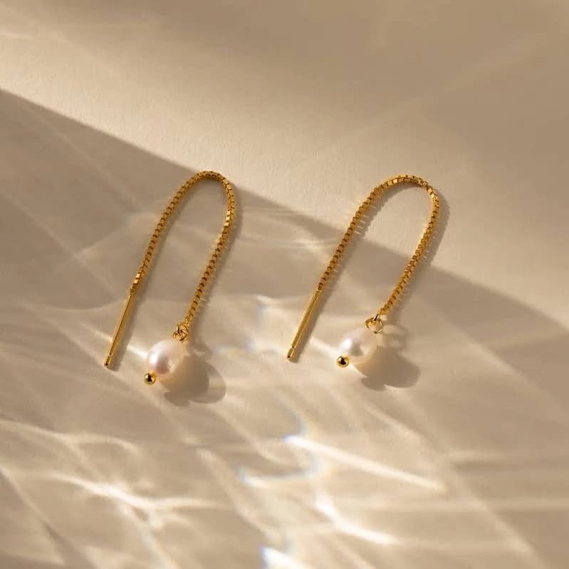 Caitlyn Minimalist Dainty Pearl Drop Earrings in 18K Gold