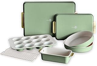 Bakeware Set, 7 Piece Nonstick Ceramic Gold Handle Baking Sheets, Cake Pans, Loaf Pan, Muffin Tin, Cooling Rack, PFAS & BPA Free, Freezer to Oven Dish, Bake & Roast Ovenware, Sage Green
