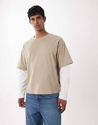 Jack & Jones double layer T-shirt in beige | ASOS