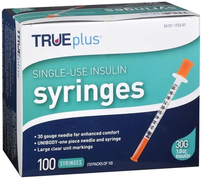 TRUEplus Insulin Syringes 30 Gauge 1cc 5/16" Needle 100ct