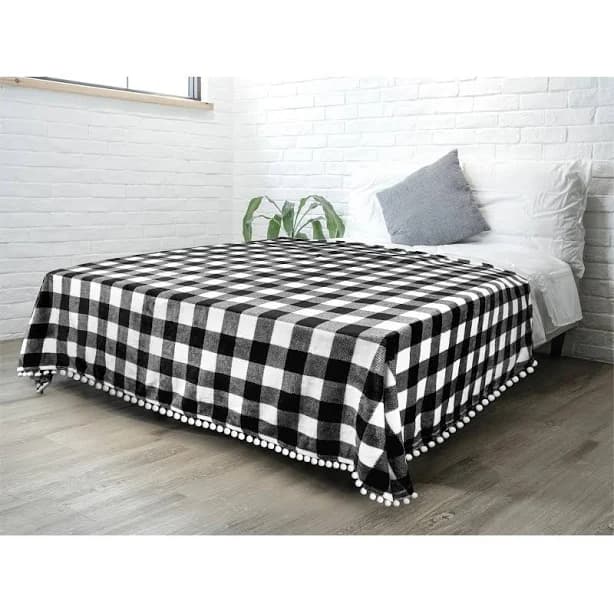 Pavilia Fleece Throw Blanket for Couch with Pom Pom Fringe