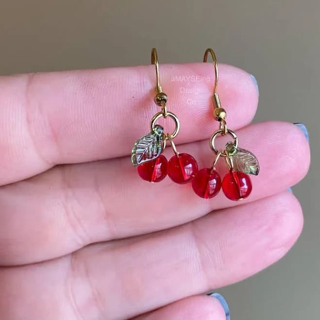 Tiny Dainty Glass Cherry Fruit Dangle Earrings