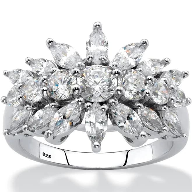 PalmBeach Jewelry Sterling Silver Marquise-Cut Cubic Zirconia Starburst Cluster Cocktail Ring