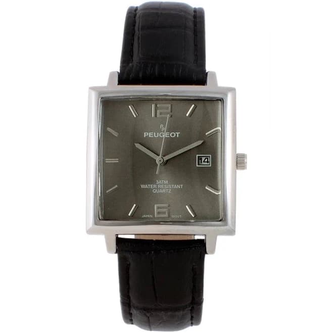 Peugeot Men's Modern Square Metal Watch with Leather Strap