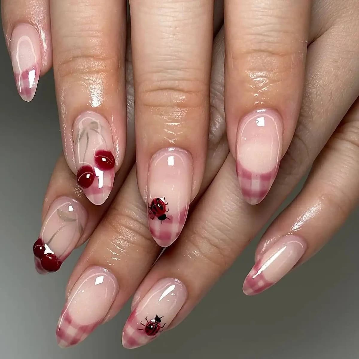 Handmade Cherry Ladybug Pink French Tip Cute Press On Nails
