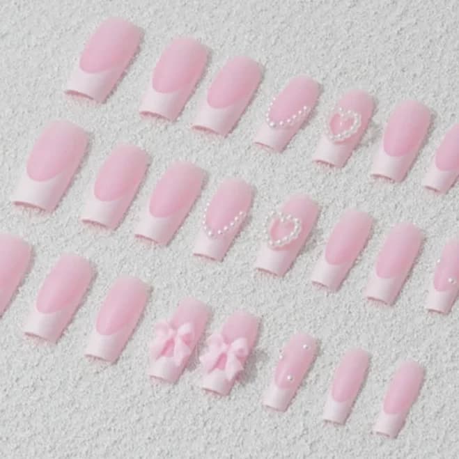 24pcs Pink French Tip Nail Art with 3D White Pearl Heart and Pink Bow Design Perfect for Women and