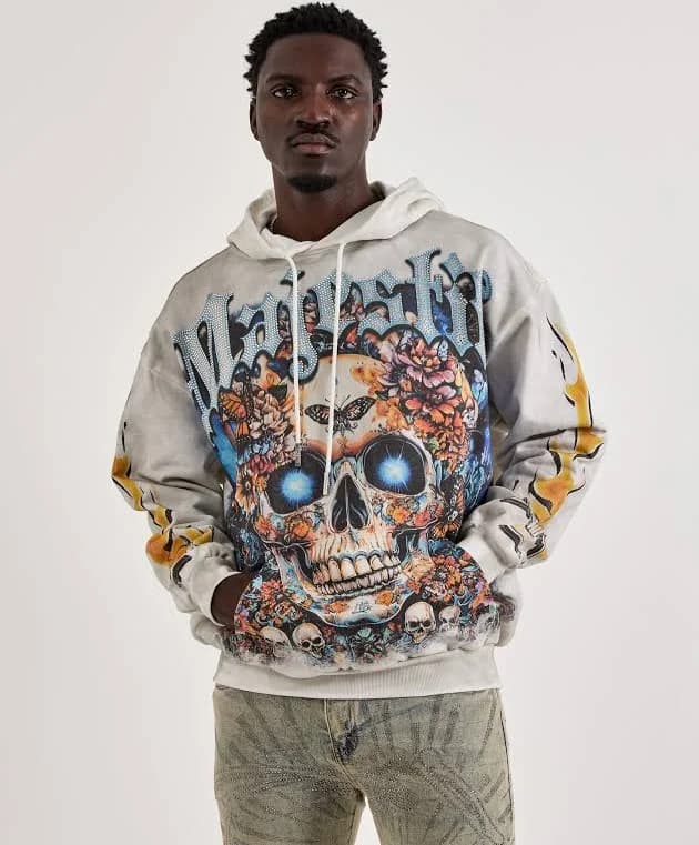 Majestik Men's Floral Skull Rhinestone Fleece Hoodie
