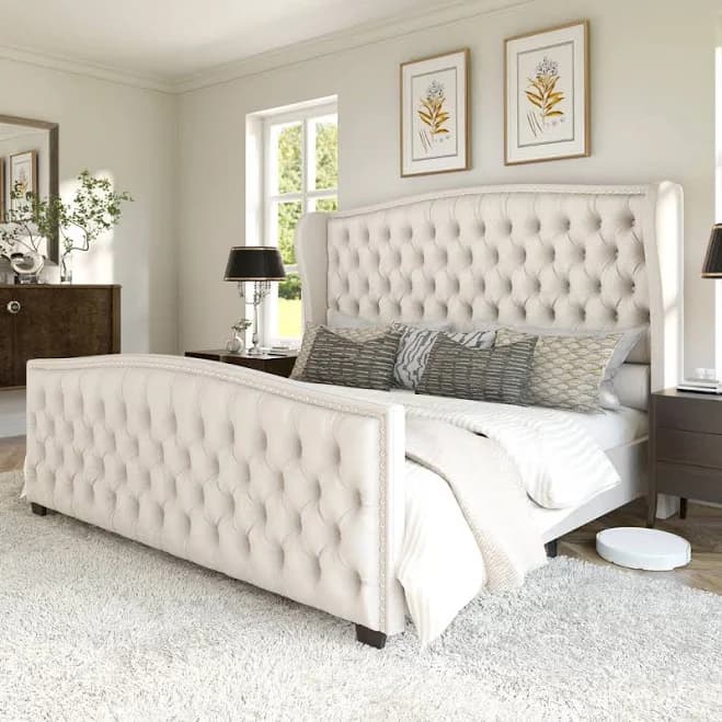 DuJuan Deep Button Tufted Upholstered Bed with Nailhead Trim Wingback Headboard Willa Arlo Interiors