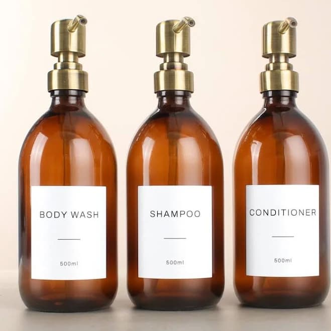 Set of 3 Body Wash Shampoo Conditioner Amber Glass Bottle - Refillable Brown Dispenser & Pump With White Waterproof Label | Eco Friendly