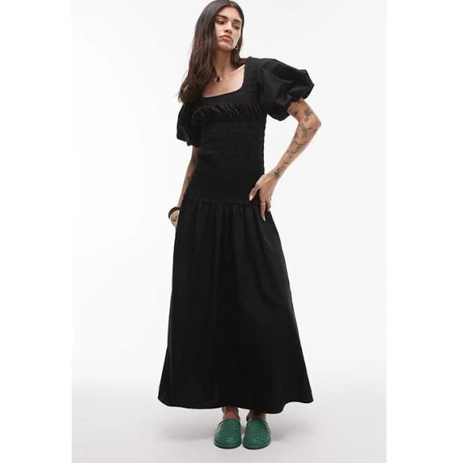 Topshop puff sleeve square neck shirred midi dress