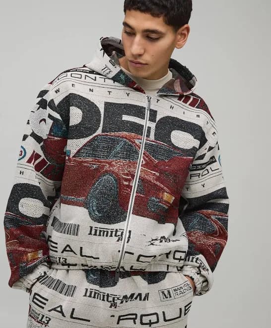 boohooMAN Men's Oversized Boxy Moto Tapestry Hoodie