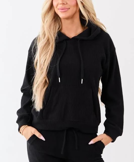 Rib Knit Hooded Sweatshirt with Drawstring