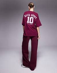 Kaiia cotton rich sport embroidered contrast logo oversized T-shirt in burgundy - part of a set | ASOS