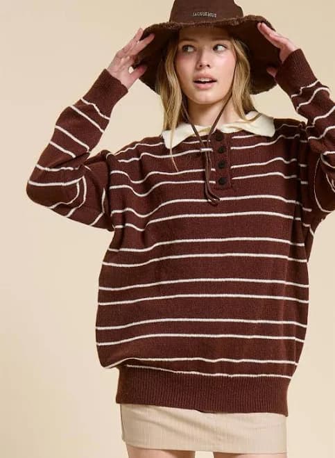 Brown Striped Knit Relaxed Fit Polo Sweater