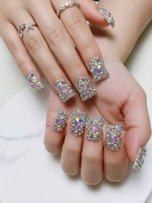 nailrosy Silver Rhinestone Press On Nails Acrylic Designs French Tip Fall Extra Long Square Y2K Glitter Gradient Glossy Handmade Reusable Fa