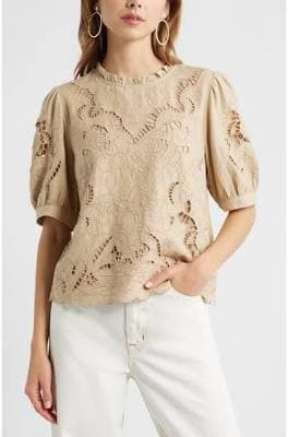 Treasure & Bond Embroidered Linen Blend Puff Sleeve Top