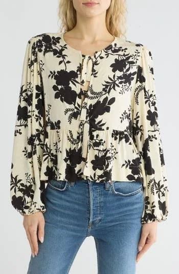 Renee C Floral Long Sleeve Tie Front Crop Top