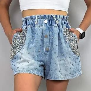 Women's High-Waisted Rhinestone Denim Shorts