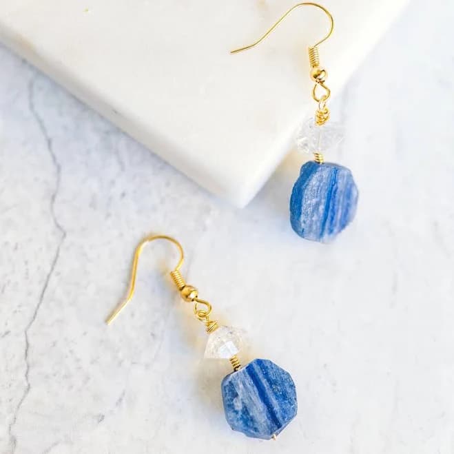 Wire Wrapped Crystal Earrings with Kyanite and Herkimer Diamond