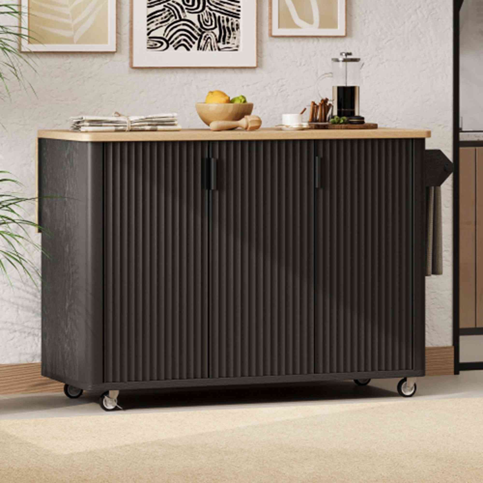 Runesay Black MDF Base with MDF Wood Top Rolling Kitchen Island ( 29.5-Inches x 51.3-Inches x 36.4-Inches ) in the Kitchen Islands & Carts department at Lowes.com