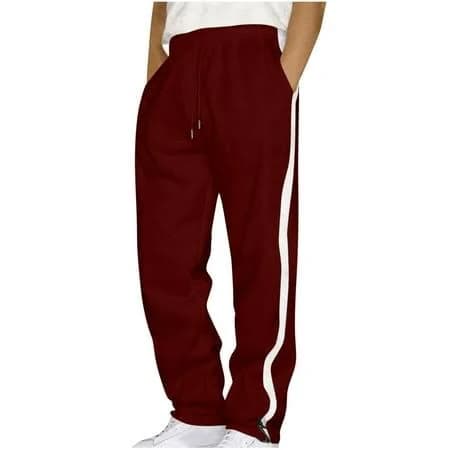 Hinvhai Men's Athletic Pants Elastic Waist Striped Wide Leg Joggers Loose Baggy Sweatpants Casual Trousers with Pockets Wine L(l), Size: Large, Red