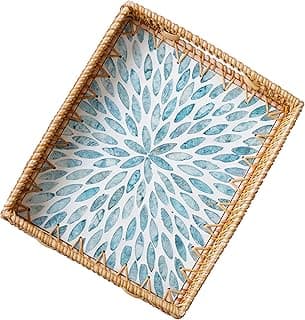 i-lan 14 Inch Rectangular Rattan Serving Tray with Light Blue Mother of Pearl Inlay - Wooden Base Coffee Table Platter with Handles, Coastal Wicker Basket for Ottoman & Dining Decor