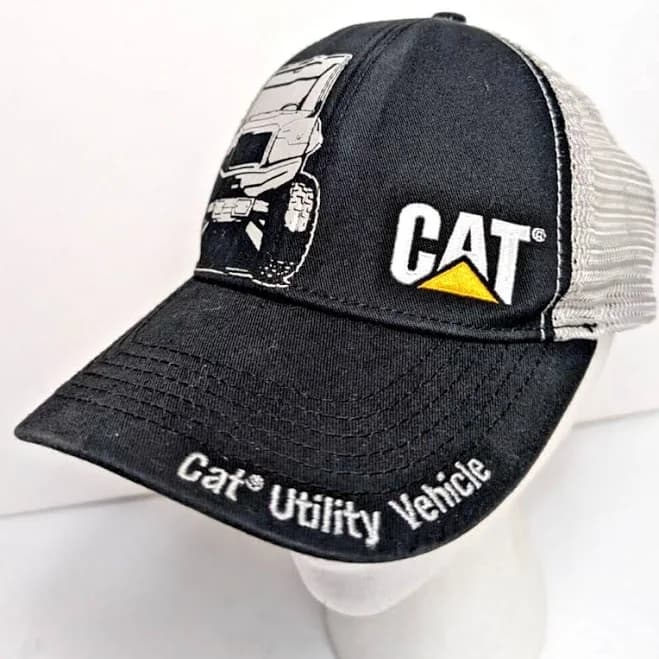 Cat Utility Vehicle Caterpillar Trucker Hat Mesh Snap Back Black Gray