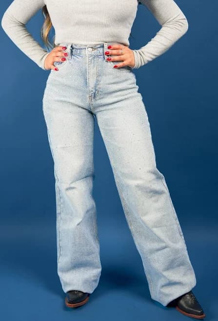Rhinestone High-Rise Wide-Leg Jeans Light Stone / 15