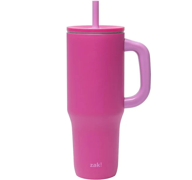 Sutton Travel Tumbler for On the Go, 40oz Stainless Steel with Vacuum Insulation, Silicone Straw, and Carry Handle for Cold Drinks (Razzberry Pink)