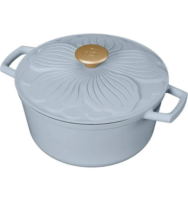 Drew Barrymore Beautiful 4 Quart Enameled Cast Iron Round Dutch Oven with Petal Design Lid
