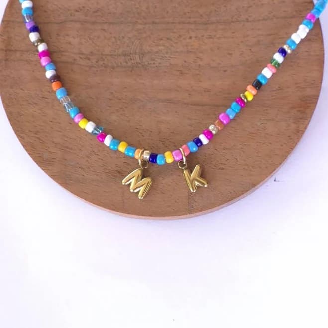 Gold Letter Charms with Rainbow Seed Beads