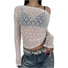 MakeMeChic Women's Floral Print Mesh Long Sleeve Square Neck Ruched Tee Shirt Crop Tops White and Pink X-Small at Amazon Women's Clothing store
