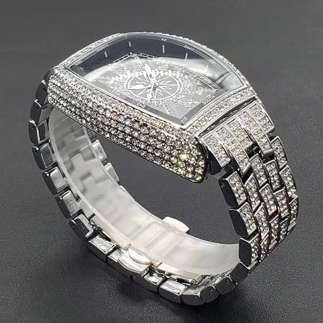 Men's Ice Out Watch Quartz Waterproof Stainless Steel Diamond Silver