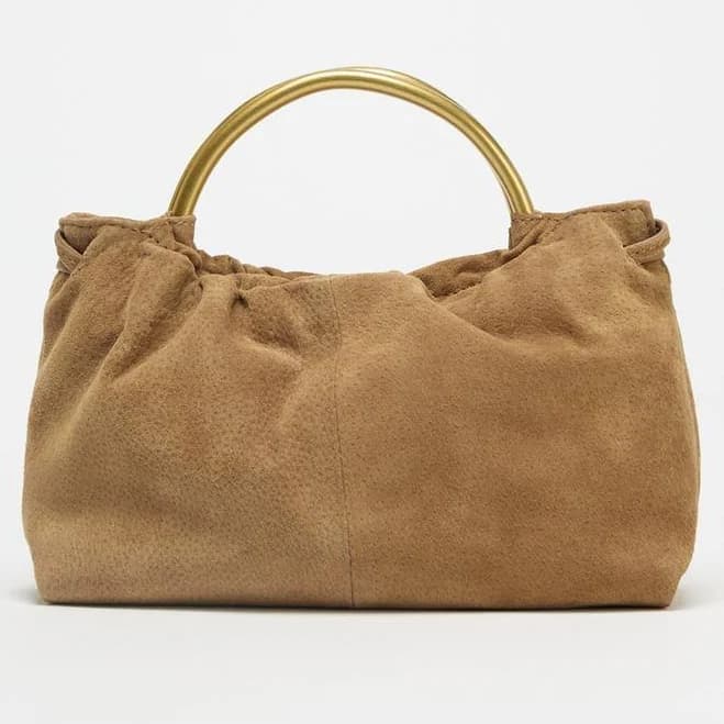 Zara Women's Split Leather Bowling Bag with Metal Handle