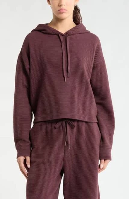 Zella Ottoman Cotton Blend Ribbed Hoodie in Burgundy Fudge at Nordstrom, Size Medium