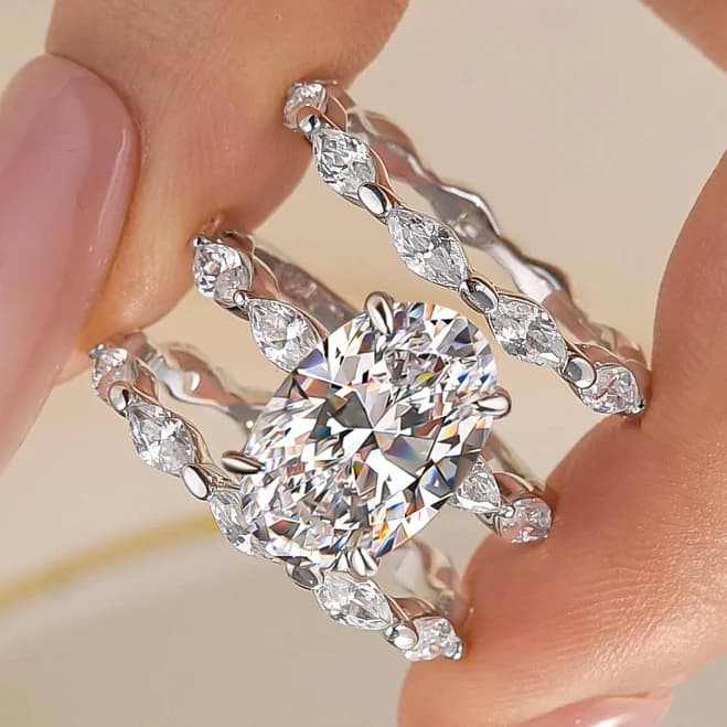 S925 3PC Wedding Ring Set 4.5Ct Oval Cut Engagement Ring With Marquise Cut Full Wedding Band