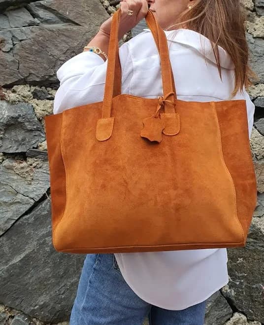 Handmade Suede Leather Slouchy Tote Bag