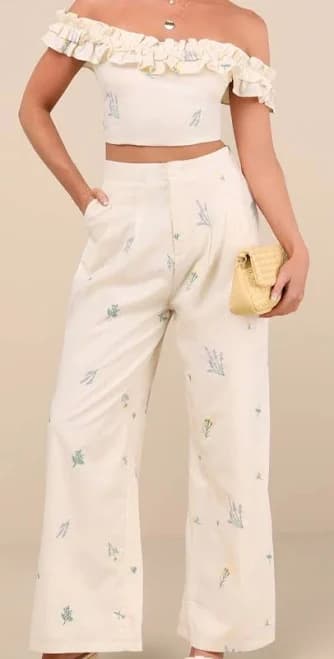 Lulu’s Rowena Cream Embroidered Top & Pant Set Size L